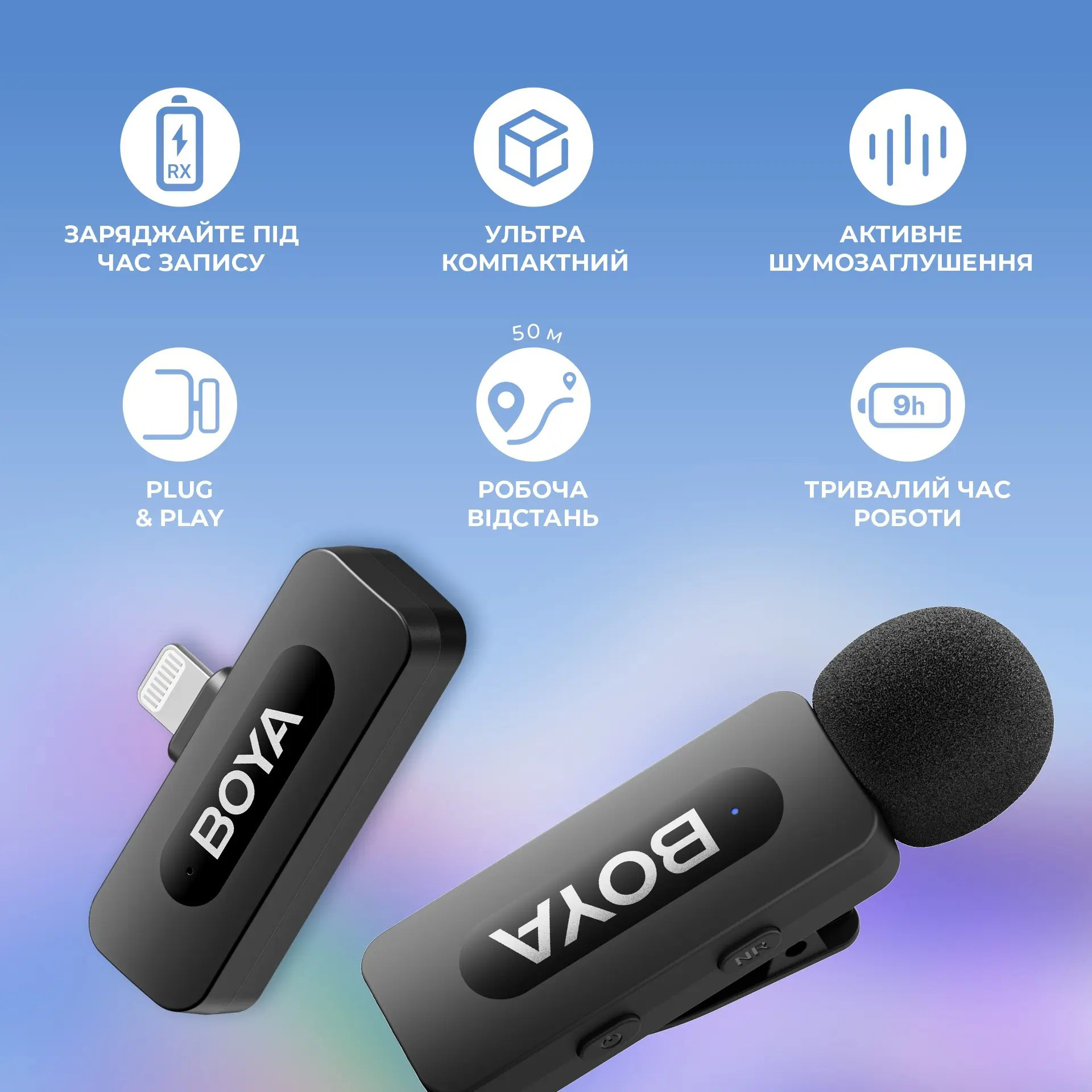Бездротовий петличний мікрофон BOYA BY-V1 Next-Gen Dual-Channel Wireless Microphone Lightning Black