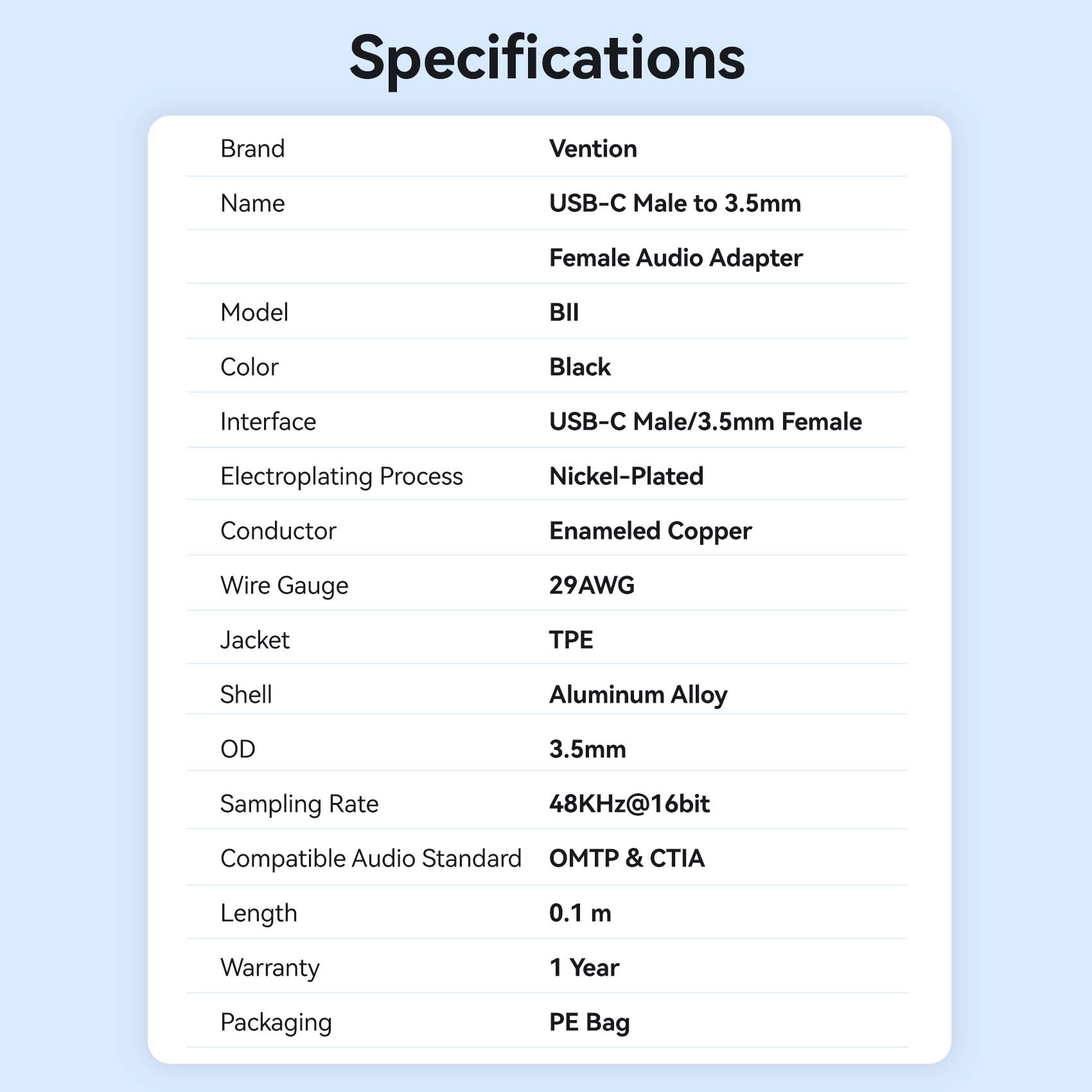 Адаптер VENTION USB-C - 3.5 мм USB-C to 3.5mm Black (BIIBA)