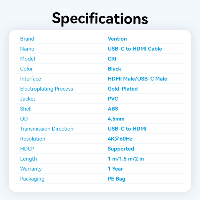 Кабель VENTION HDMI Cable 4K@60Hz USB-C to HDMI 2м Black (CRIBH)