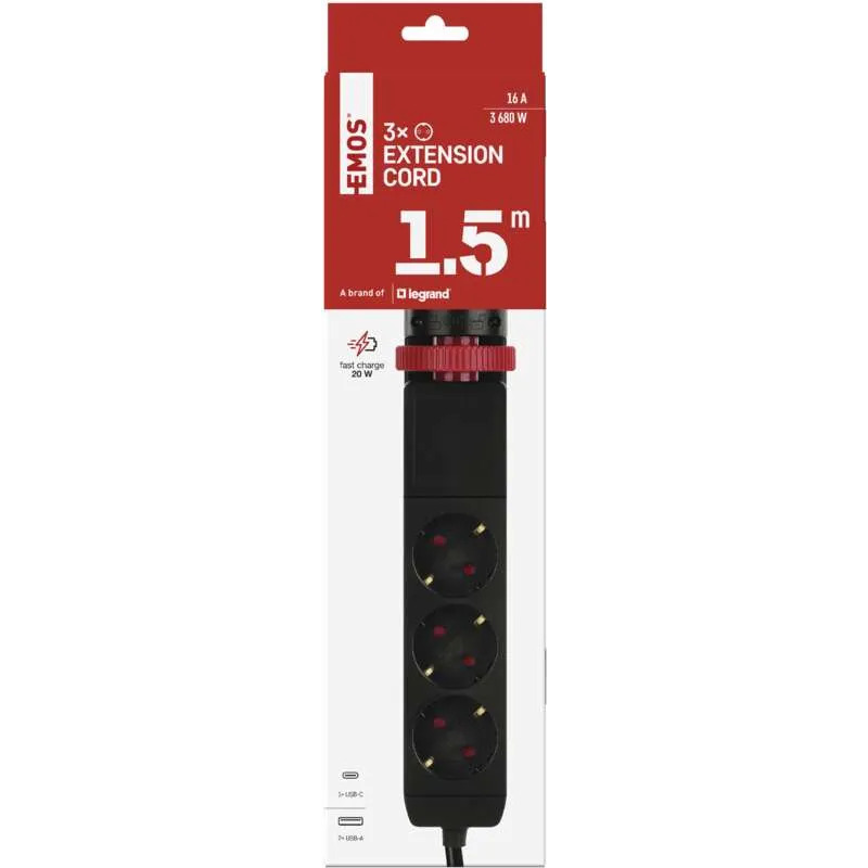 Удлинитель EMOS P1321PD Black, 3 розетки, 1xUSB-C, 2xUSB, 1.5м
