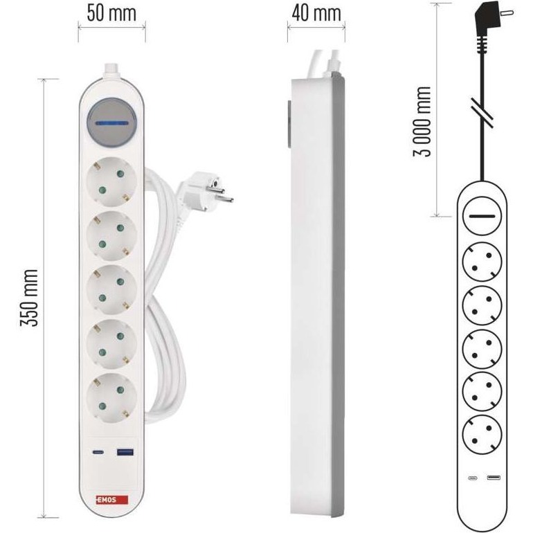 Подовжувач EMOS P1523FC White, 5 розеток, 1xUSB-C, 1xUSB, 3м