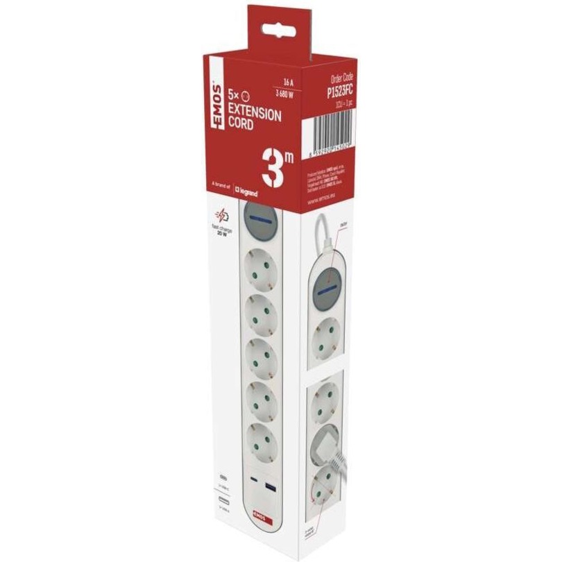 Подовжувач EMOS P1523FC White, 5 розеток, 1xUSB-C, 1xUSB, 3м