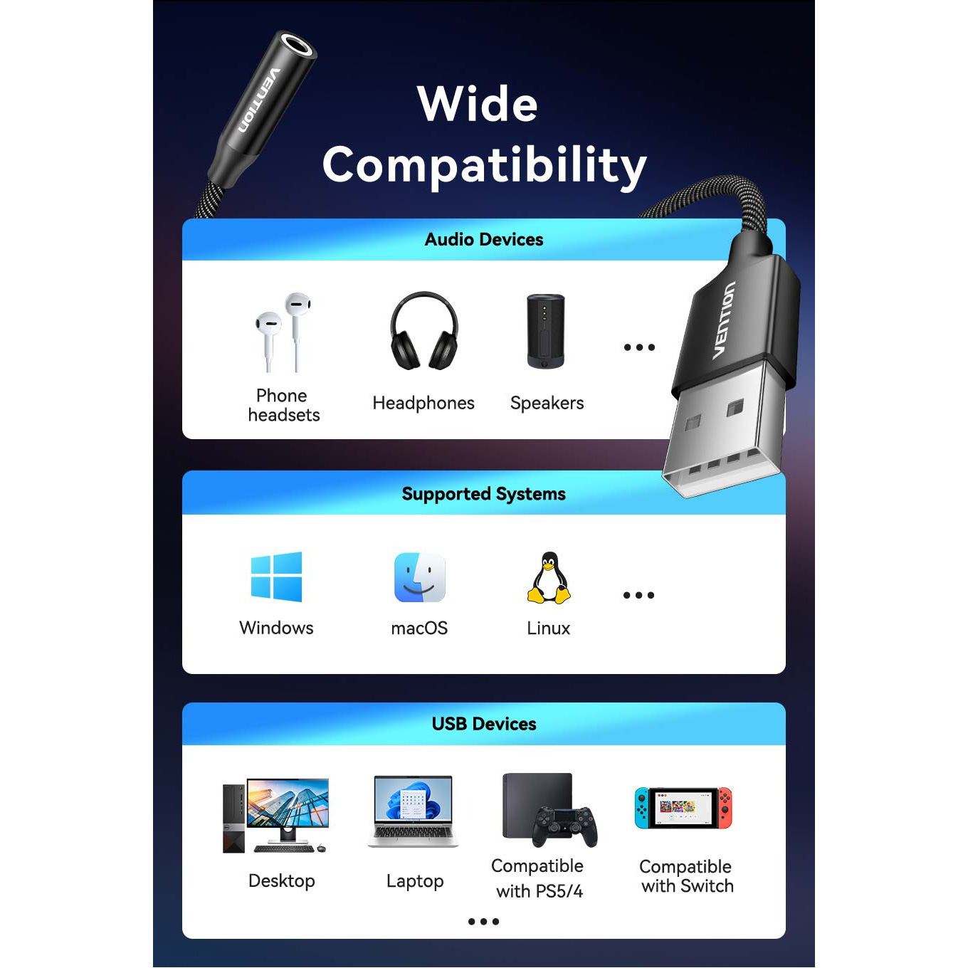 Внешняя звуковая карта VENTION USB External Sound Card Black (CVEBC)
