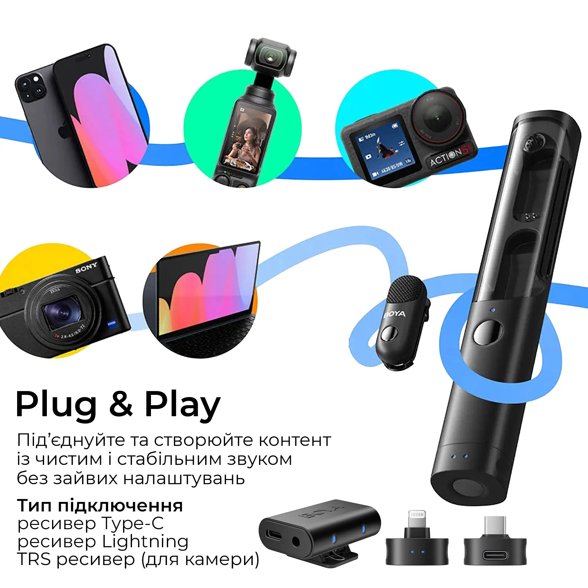 Беспроводной петличный микрофон BOYA Magic-02 Transformable Al-Powered Mini Wireless Mic Lightning & USB-C & 3.5mm TRS