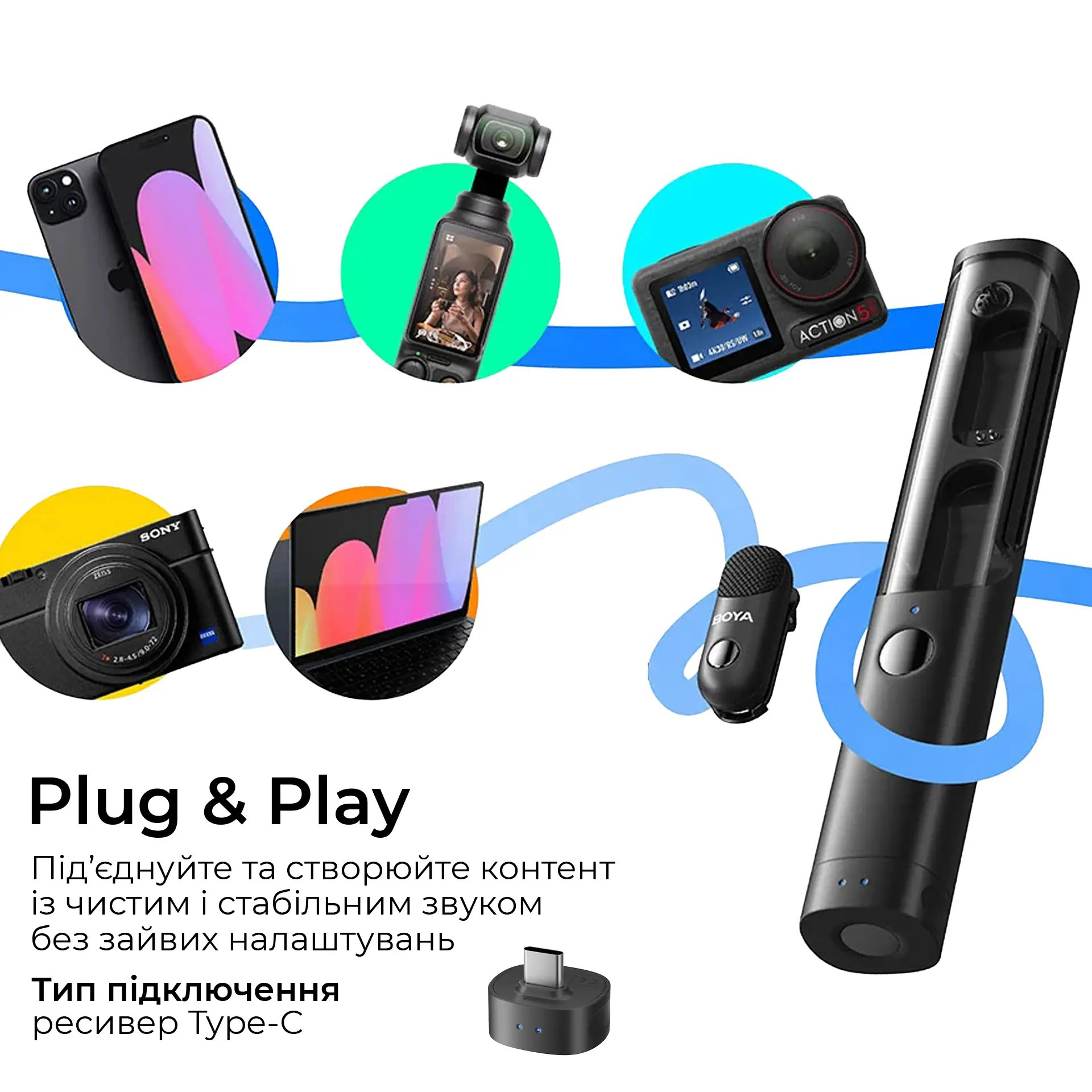 Бездротовий петличний мікрофон BOYA Magic-07 Transformable Al-Powered Mini Wireless Microphone Type-C