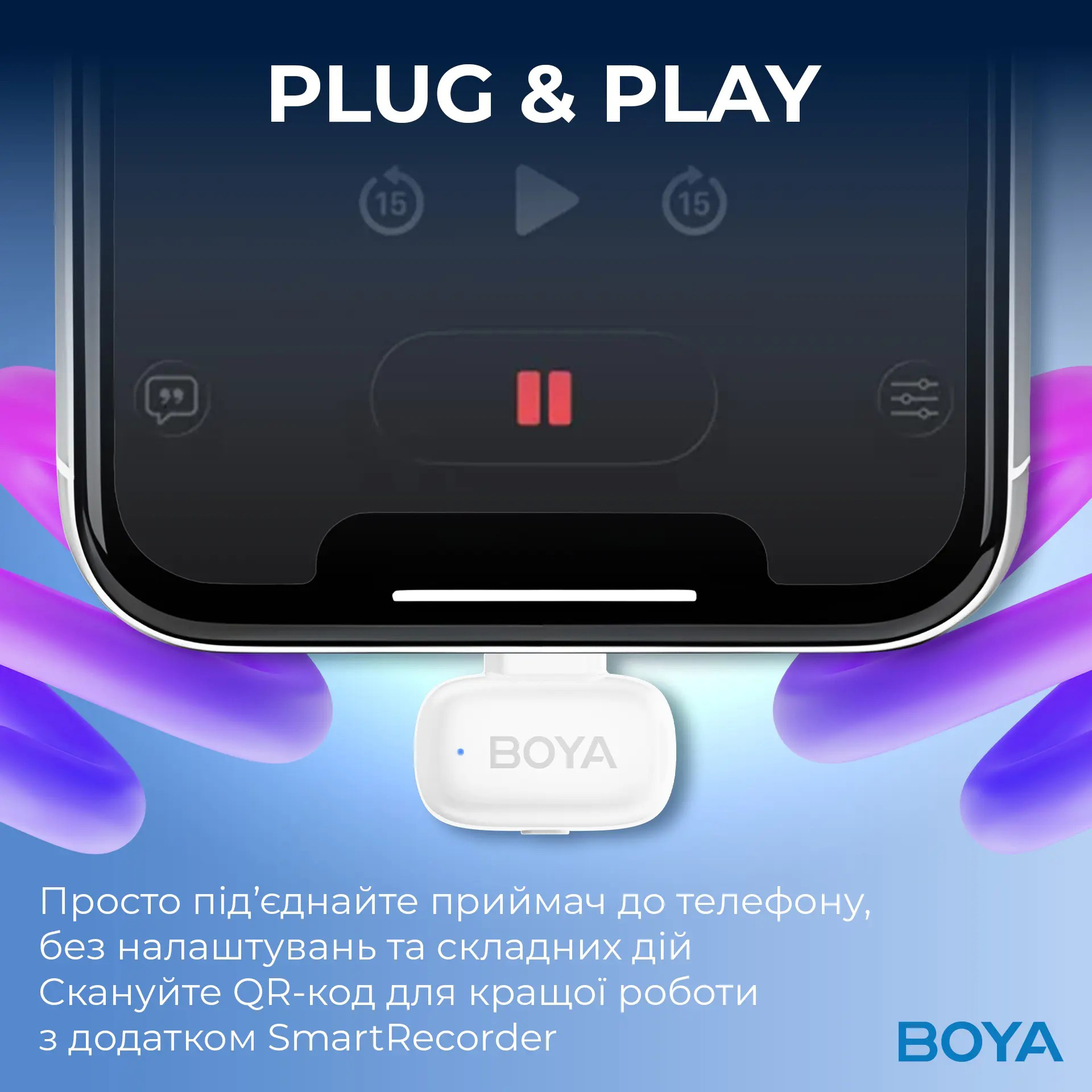 Бездротовий петличний мікрофон BOYA Mini-13 Tiniest Wireless Microphone Lightning & USB-C Connectors White