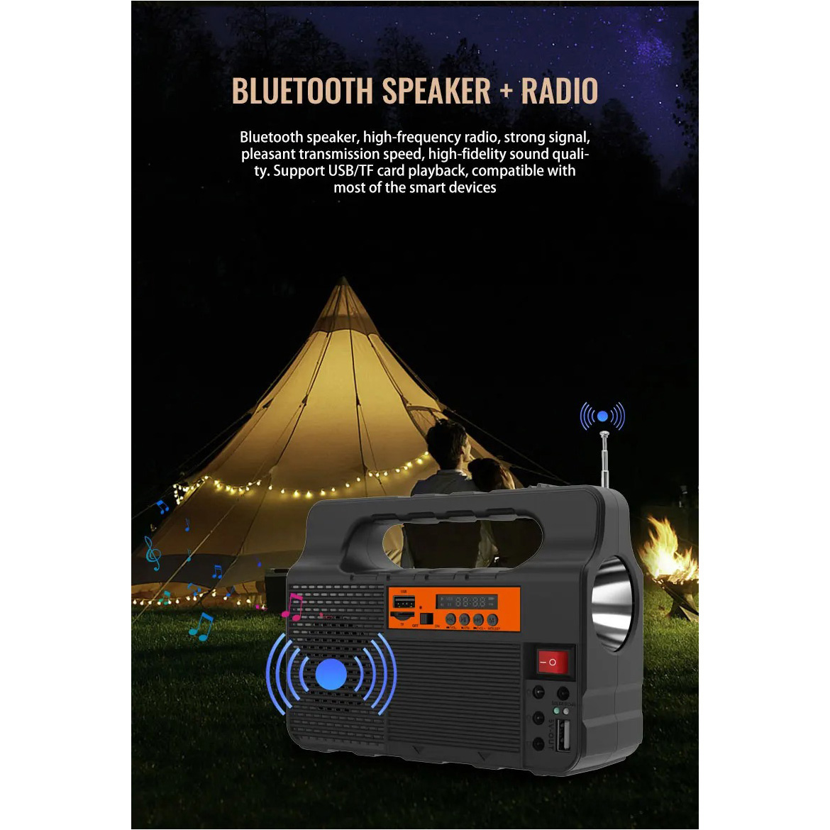 Ліхтар кемпінговий з BT-колонкою VOLTRONIC EP-0138 with Solar Panel + LED Lamp Black