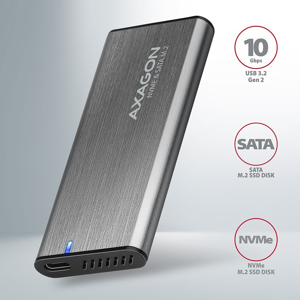 Карман внешний AXAGON SuperSpeed+ Raw Box NVMe SATA M.2 SSD to USB3.2 Gray (EEM2-SG2)