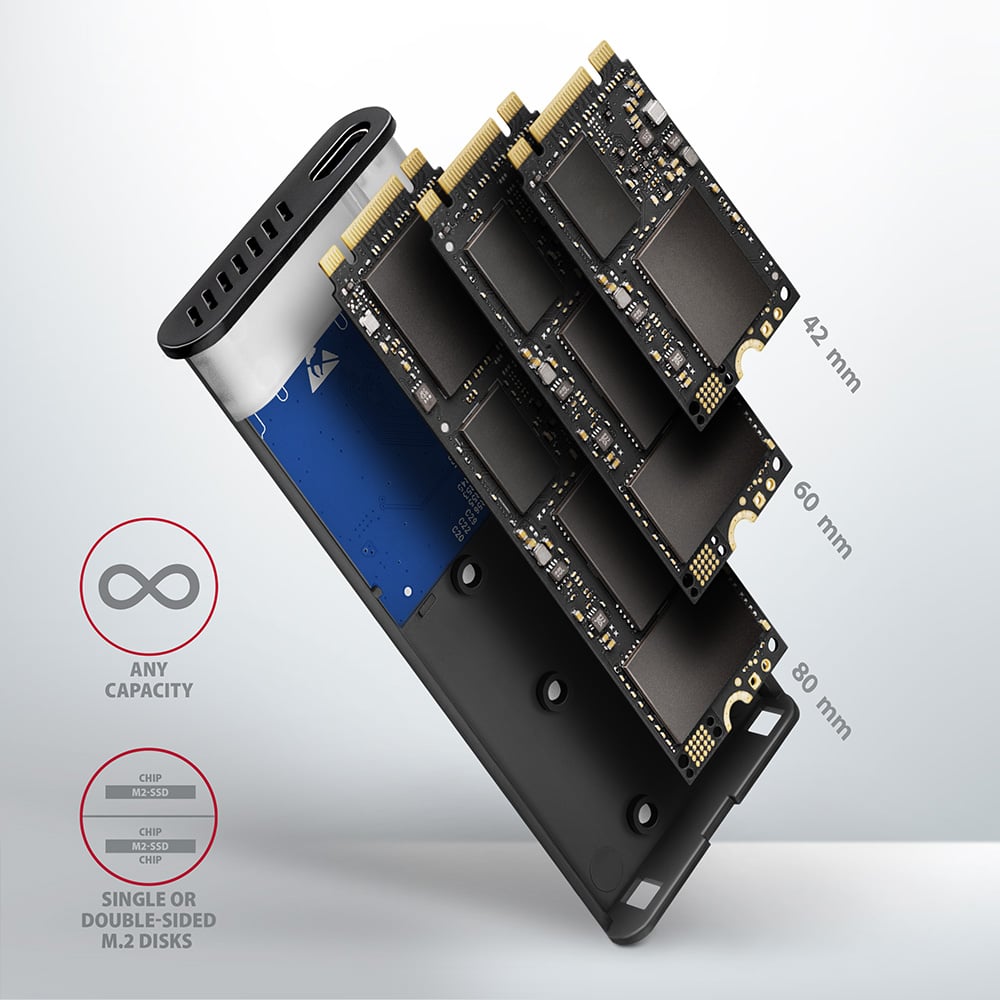 Карман внешний AXAGON SuperSpeed+ Raw Box NVMe SATA M.2 SSD to USB3.2 Gray (EEM2-SG2)