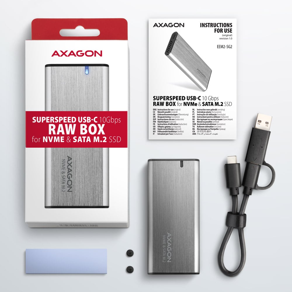 Карман внешний AXAGON SuperSpeed+ Raw Box NVMe SATA M.2 SSD to USB3.2 Gray (EEM2-SG2)
