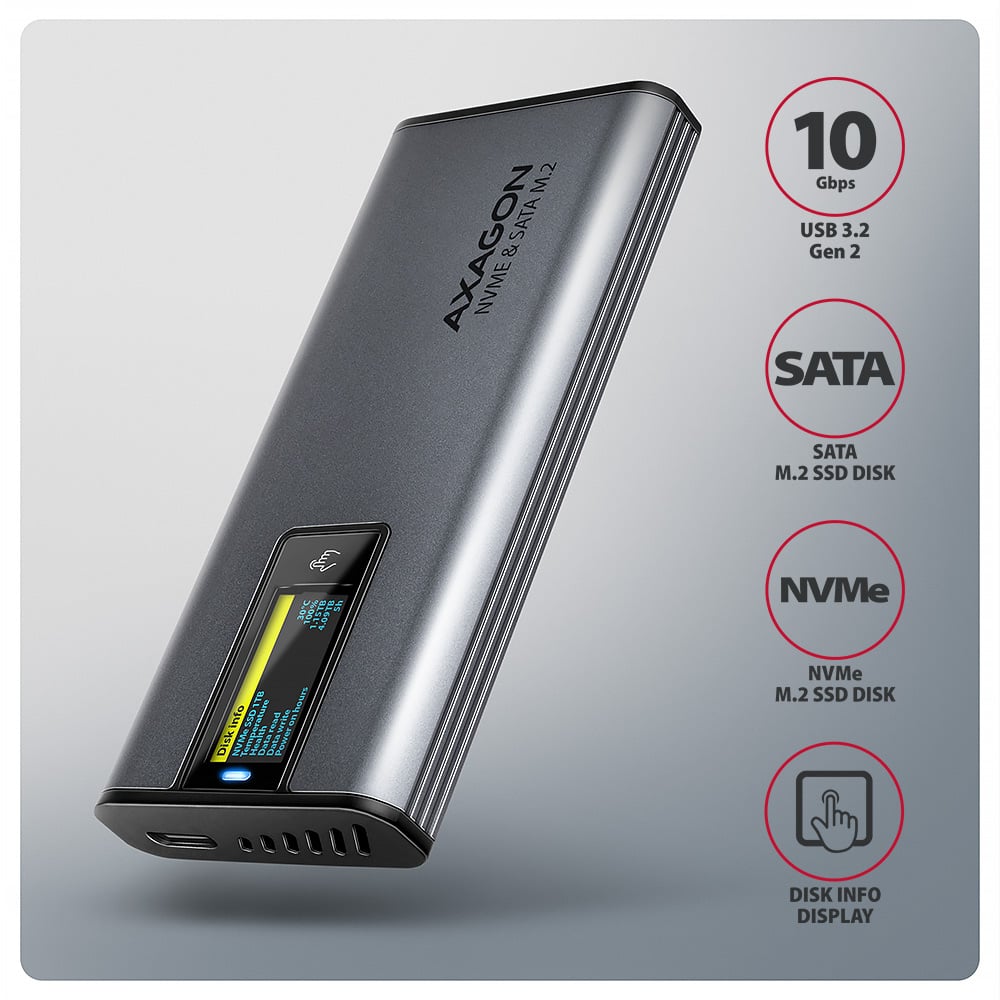 Карман внешний AXAGON Display Box NVMe SATA M.2 SSD to USB3.2 (EEM2-SD2)
