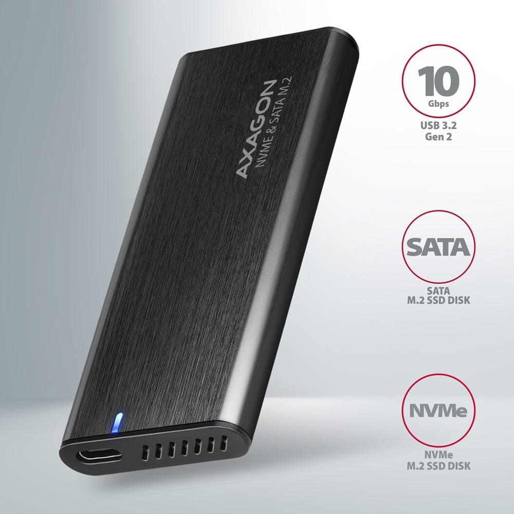 Карман внешний AXAGON SuperSpeed+ Raw Box NVMe SATA M.2 SSD to USB3.2 Black (EEM2-SB2)