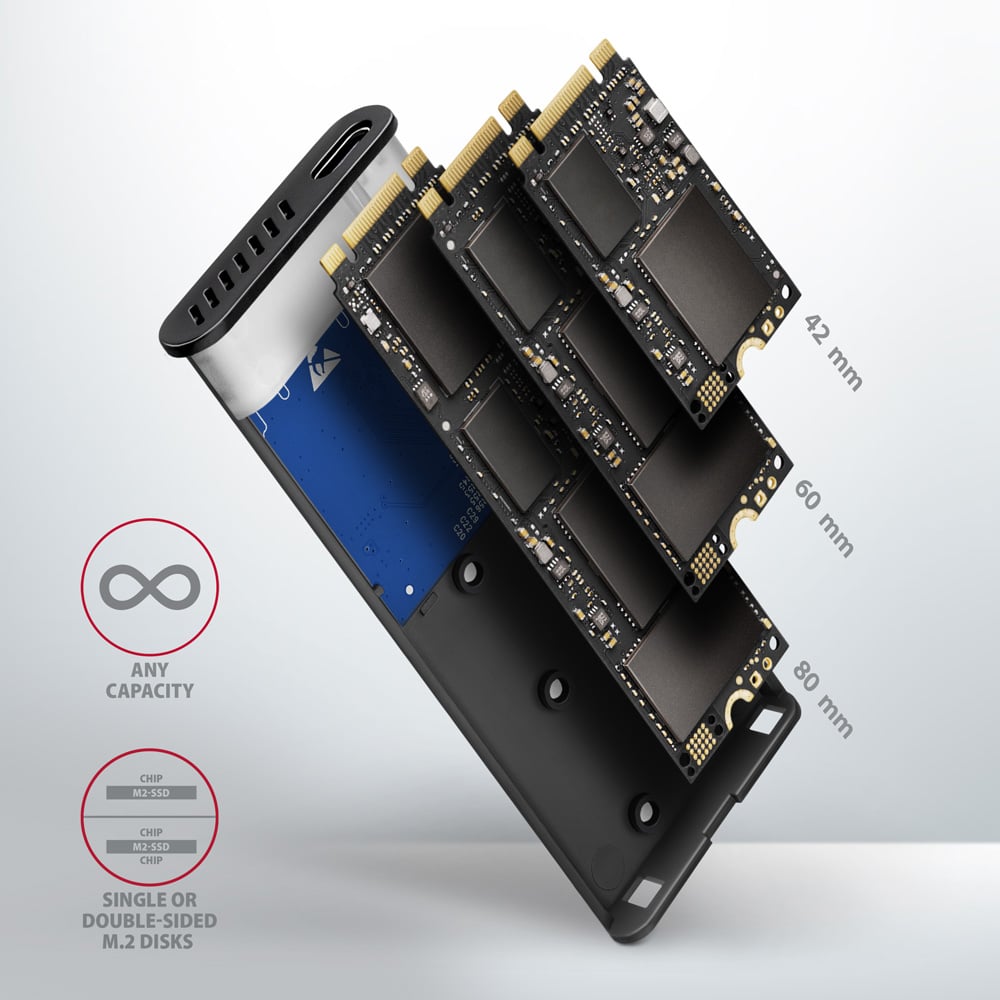 Карман внешний AXAGON SuperSpeed+ Raw Box NVMe SATA M.2 SSD to USB3.2 Black (EEM2-SB2)