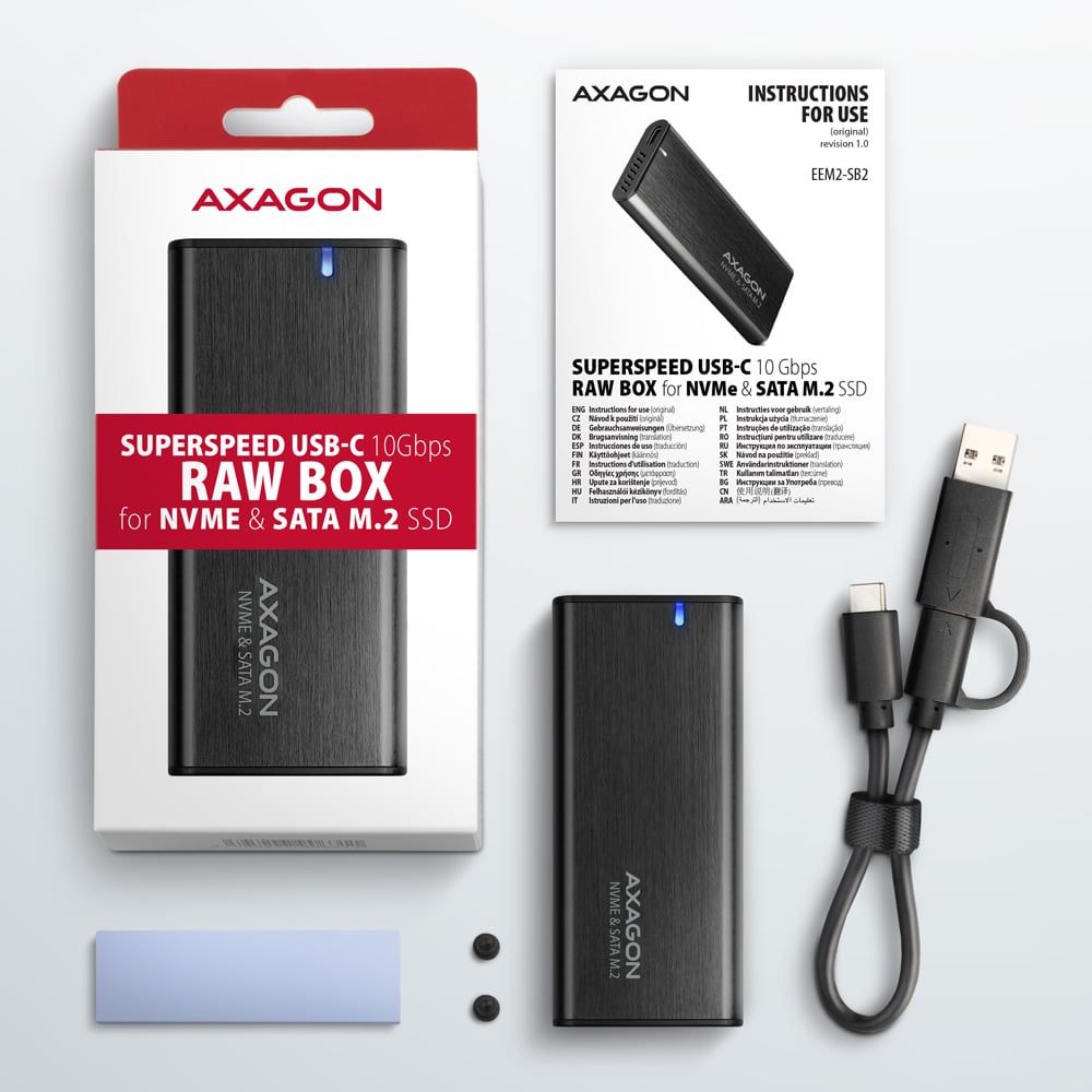 Карман внешний AXAGON SuperSpeed+ Raw Box NVMe SATA M.2 SSD to USB3.2 Black (EEM2-SB2)