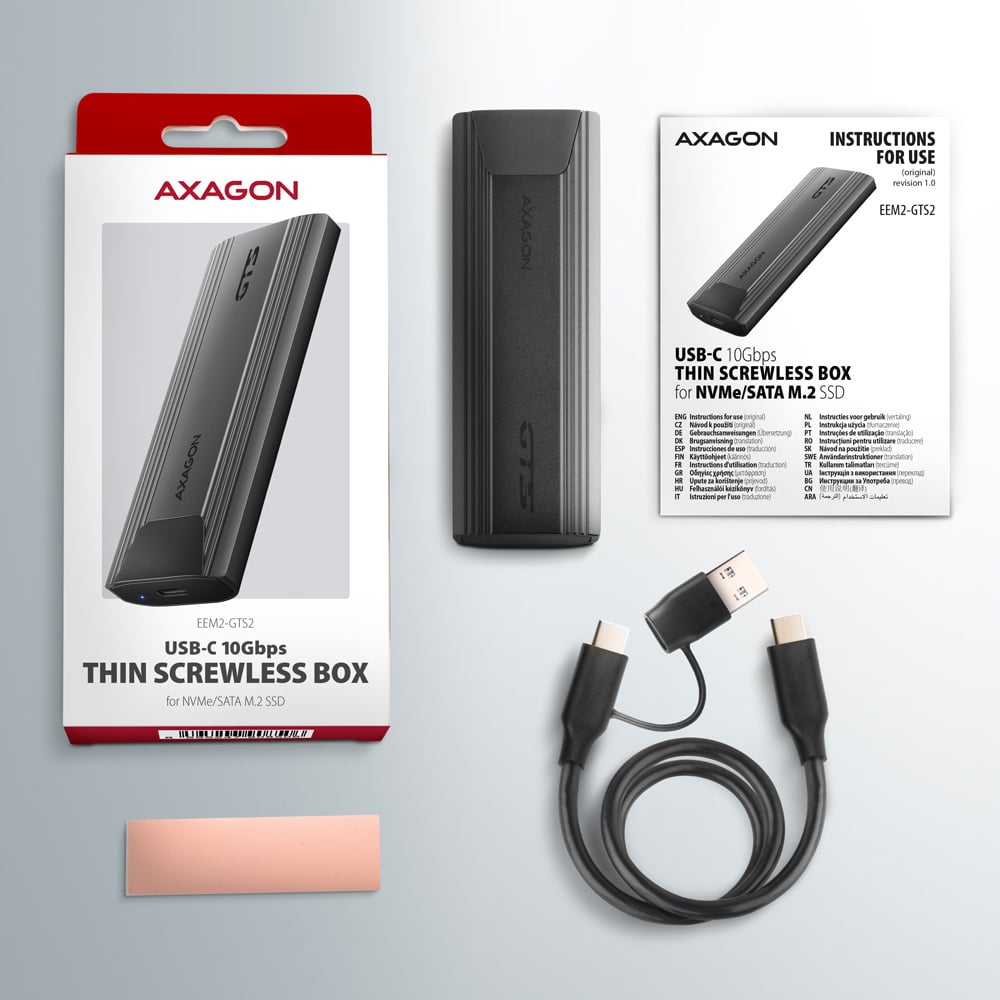 Карман внешний AXAGON Thin Screwless Box NVMe SATA M.2 SSD to USB3.2 (EEM2-GTS2)