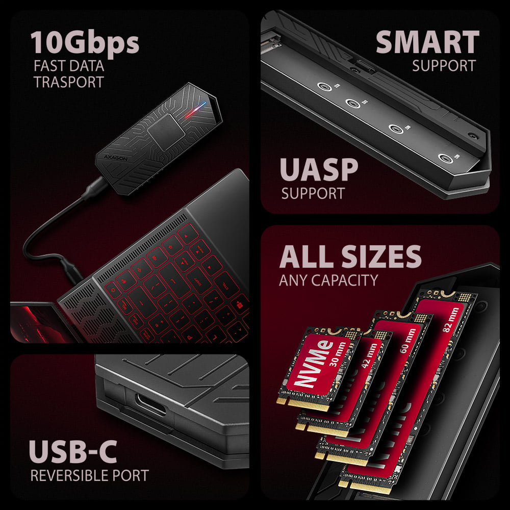 Карман внешний AXAGON Game Box NVMe SATA M.2 SSD to USB3.2 (EEM2-GAM)