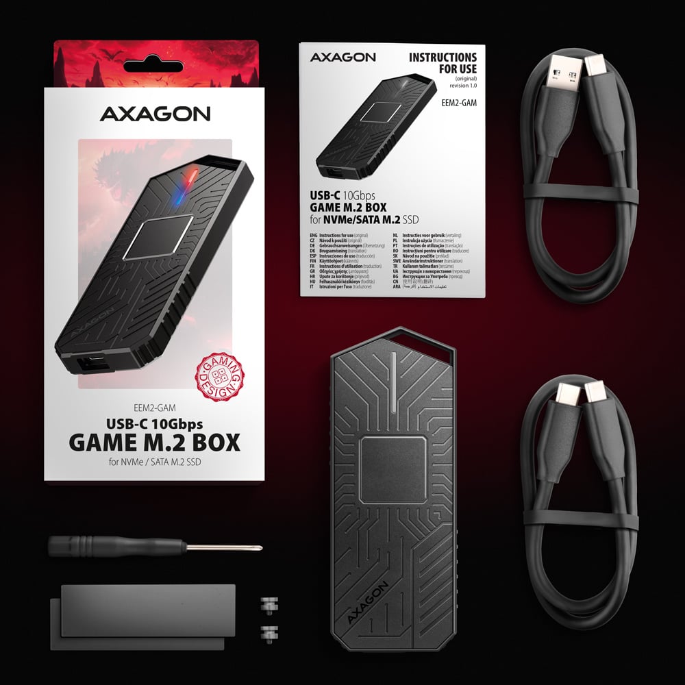 Карман внешний AXAGON Game Box NVMe SATA M.2 SSD to USB3.2 (EEM2-GAM)