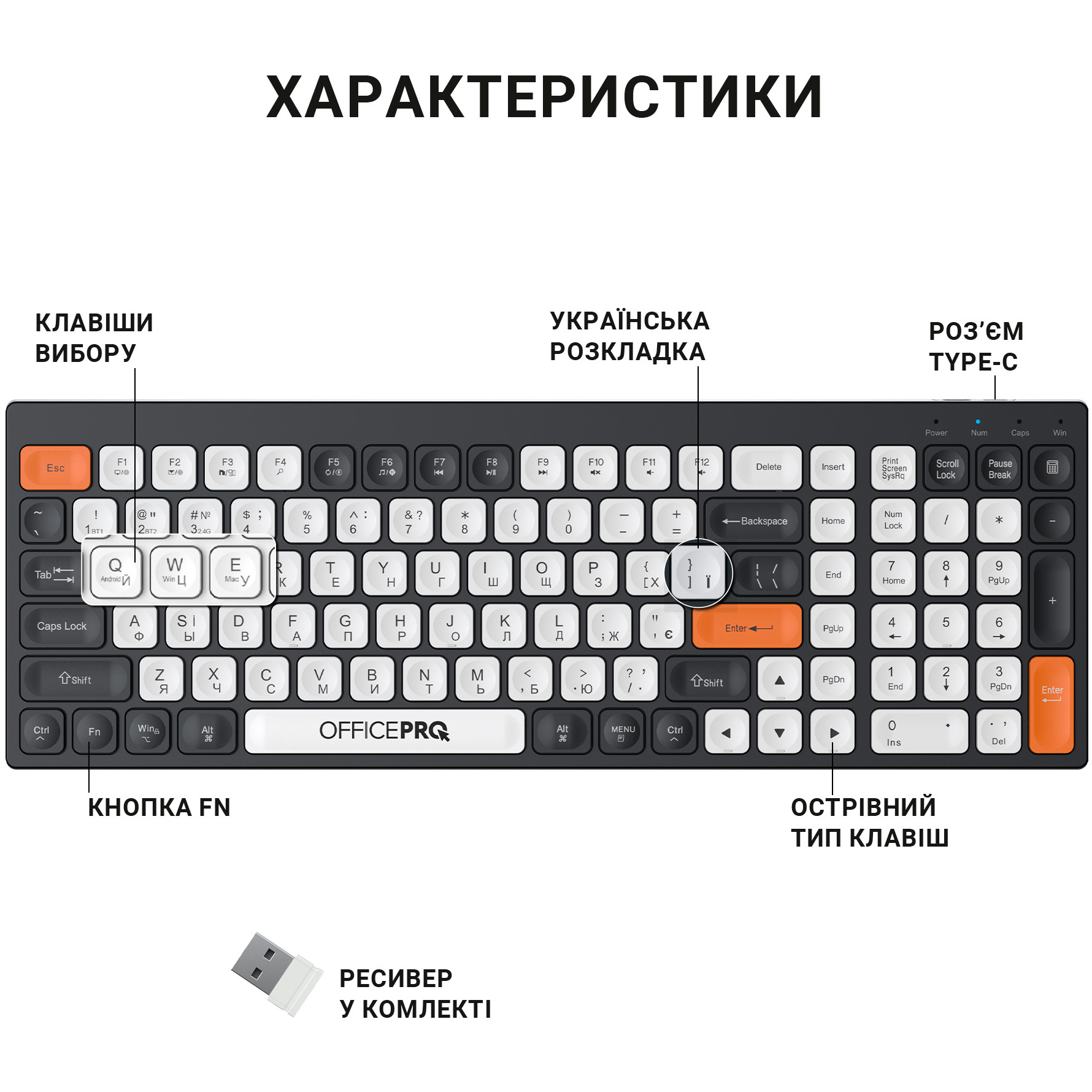 Клавіатура бездротова OFFICEPRO SK985 Black/White