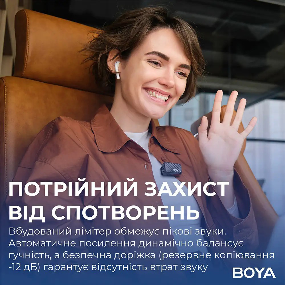 Бездротовий петличний мікрофон BOYA Boyamic 2-02 AI-PoweredMini Wireless Microphone Type-C & 3.5mm TRS Connectors Black