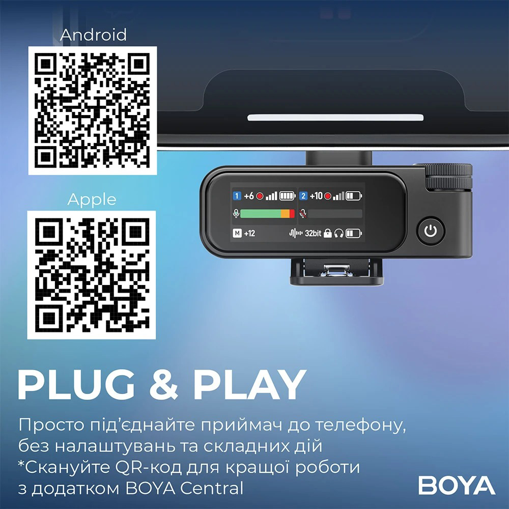Бездротовий петличний мікрофон BOYA Boyamic 2-02 AI-PoweredMini Wireless Microphone Type-C & 3.5mm TRS Connectors Black