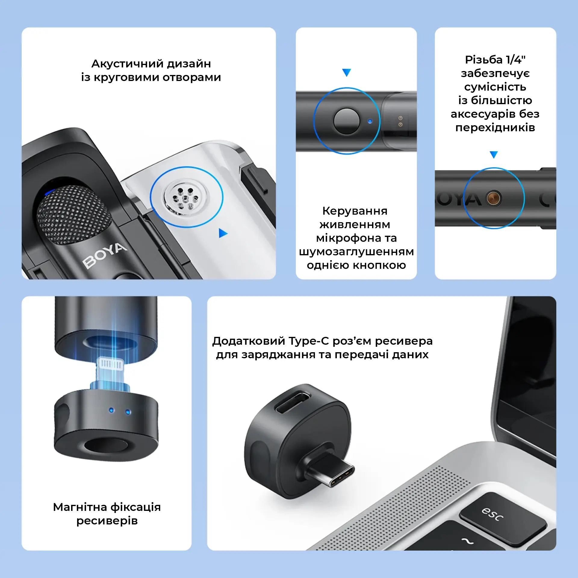 Бездротовий петличний мікрофон BOYA Magic-03 Transformable Al-Powered Mini Wireless Microphone Type-C & 3.5mm TRS Connectors