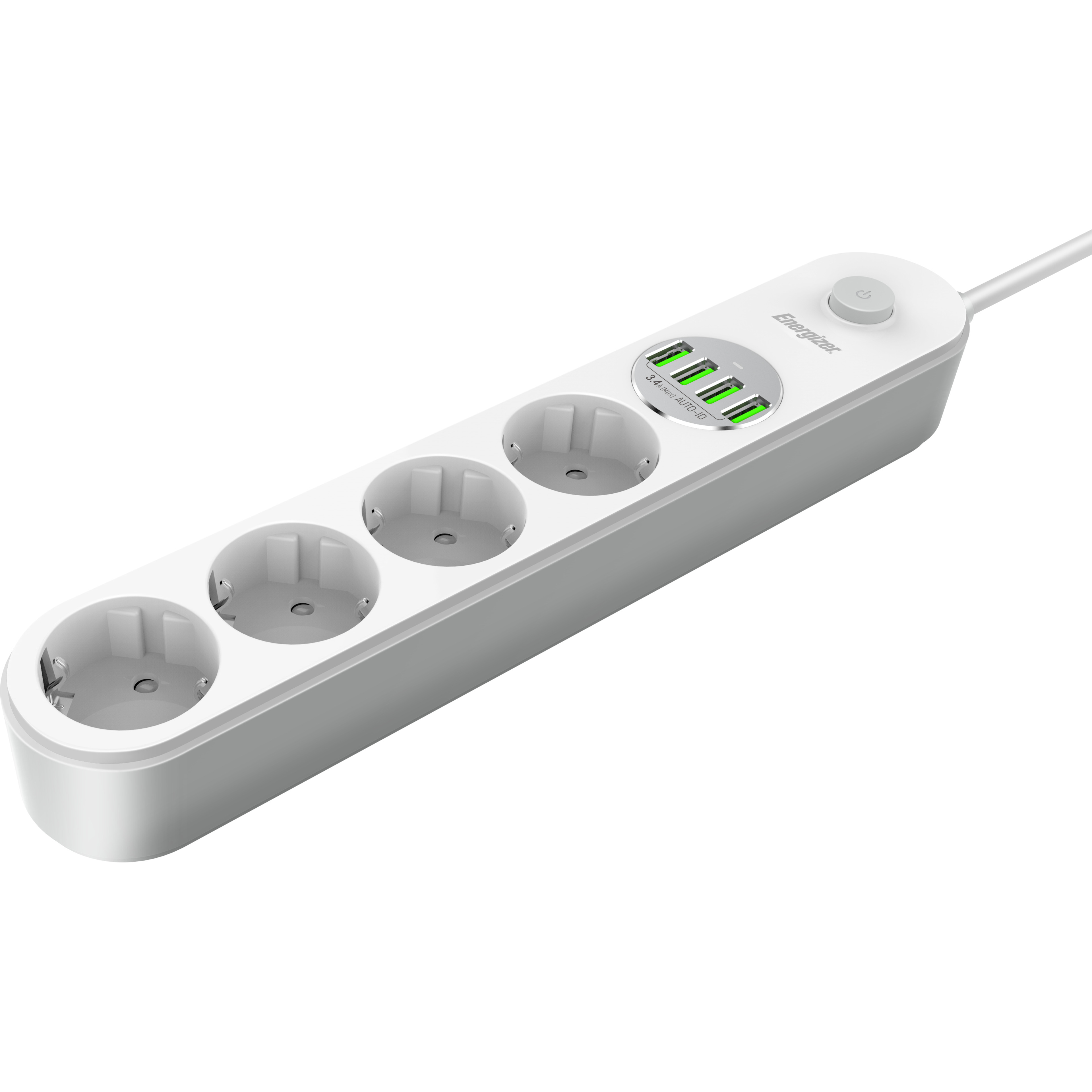 Сетевой фильтр ENERGIZER EPB2500W00EU White, 4 розетки, 4xUSB, 2м