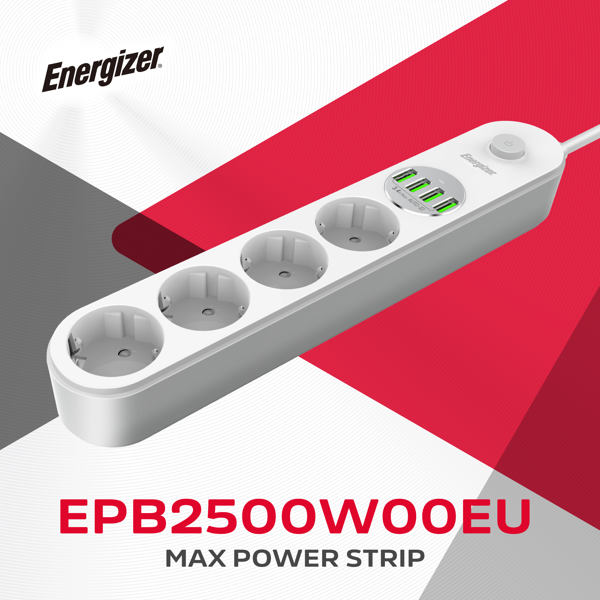 Сетевой фильтр ENERGIZER EPB2500W00EU White, 4 розетки, 4xUSB, 2м