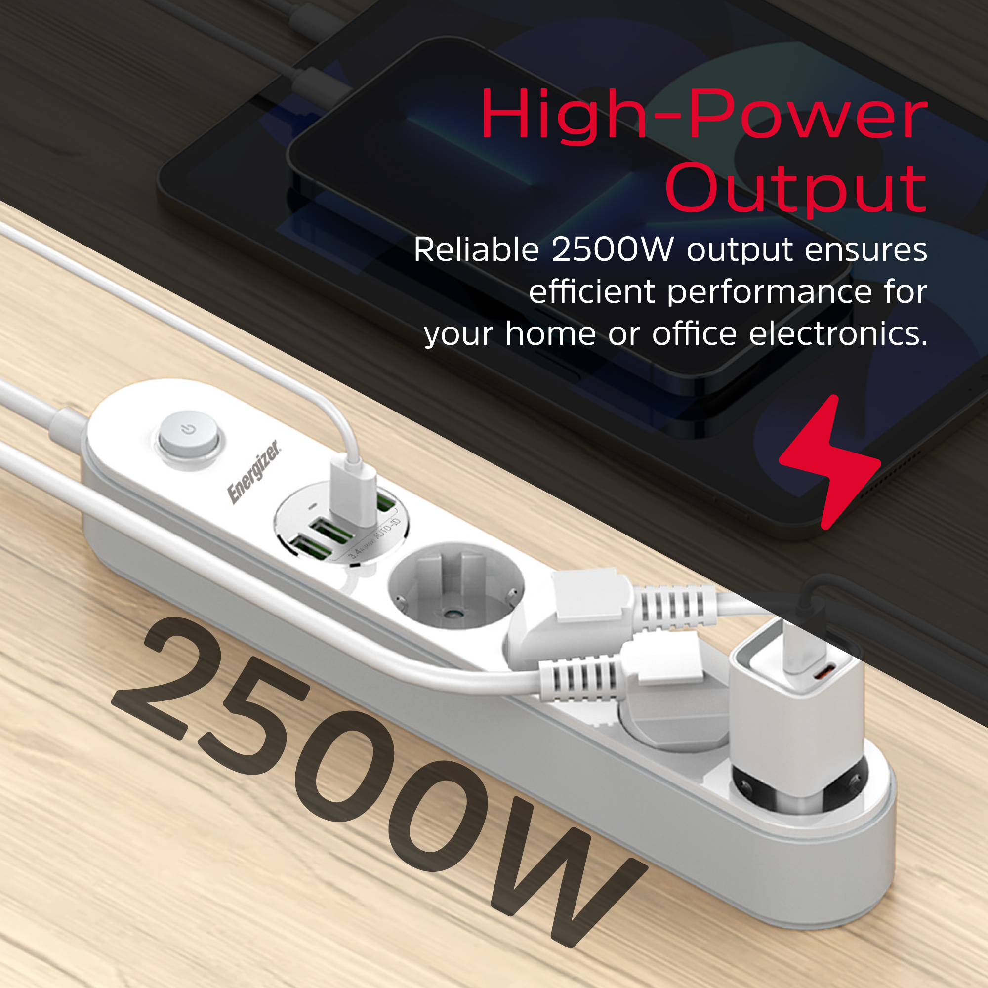 Сетевой фильтр ENERGIZER EPB2500W00EU White, 4 розетки, 4xUSB, 2м