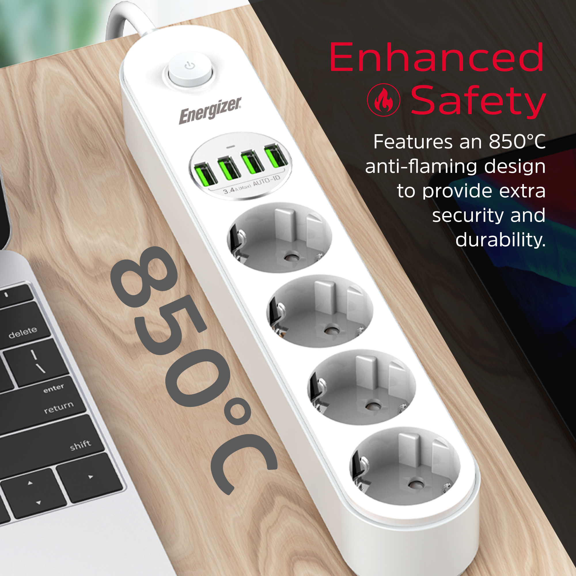Сетевой фильтр ENERGIZER EPB2500W00EU White, 4 розетки, 4xUSB, 2м