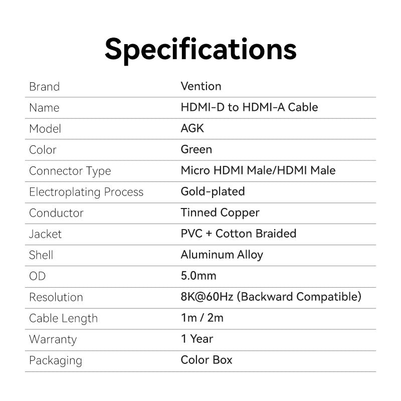 Кабель VENTION 8K 60Hz HDMI - Micro-HDMI v2.1 2.1м Green (AGKGH)