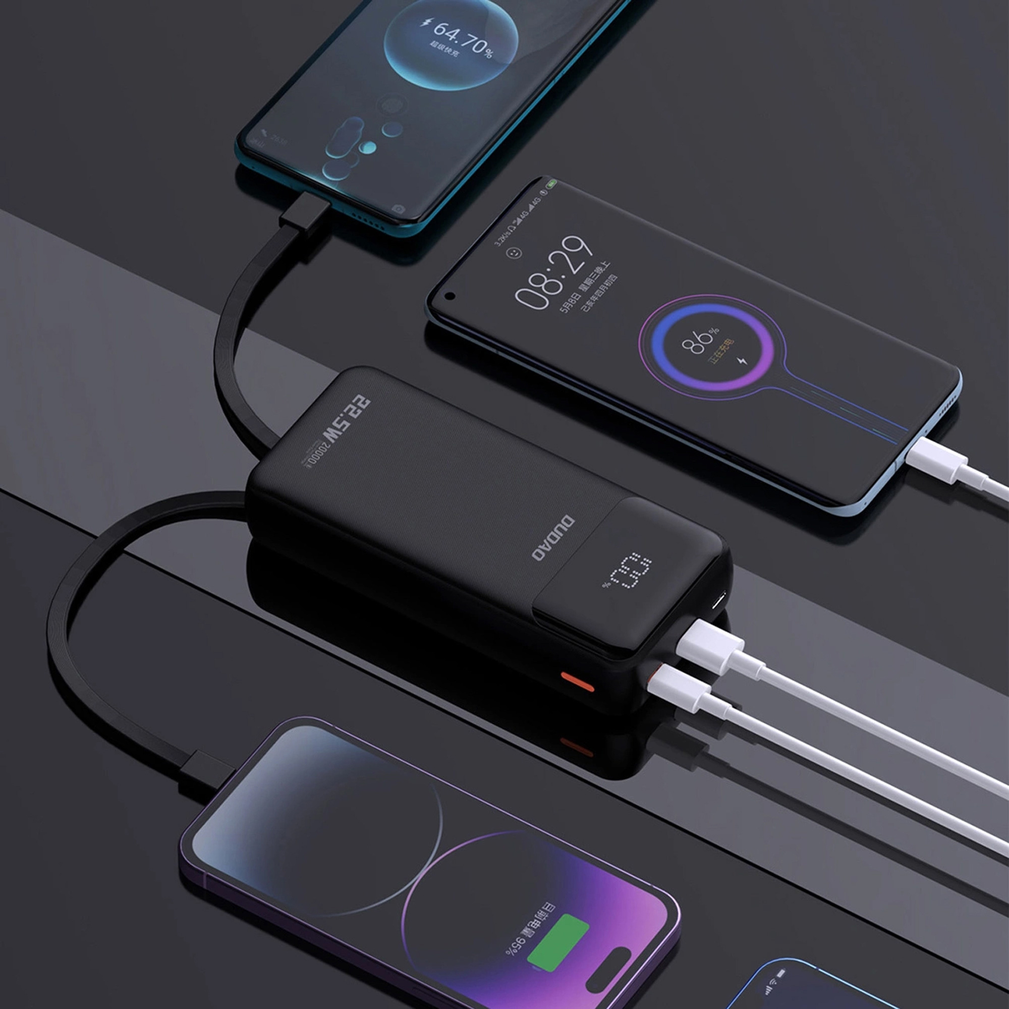 Повербанк DUDAO K15Pro USB-A w/2 cables 22.5W 20000mAh Black (6977196682430)