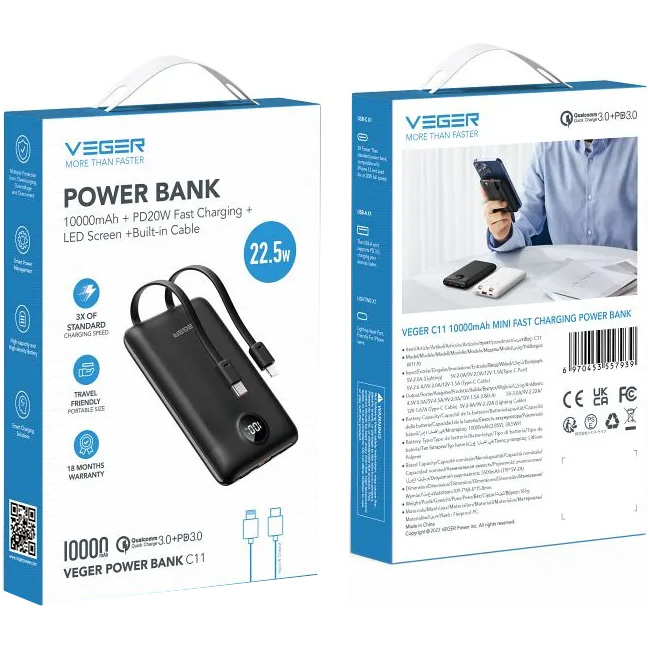 Повербанк VEGER C11 with Built-in Cables 22.5W 10000mAh Black