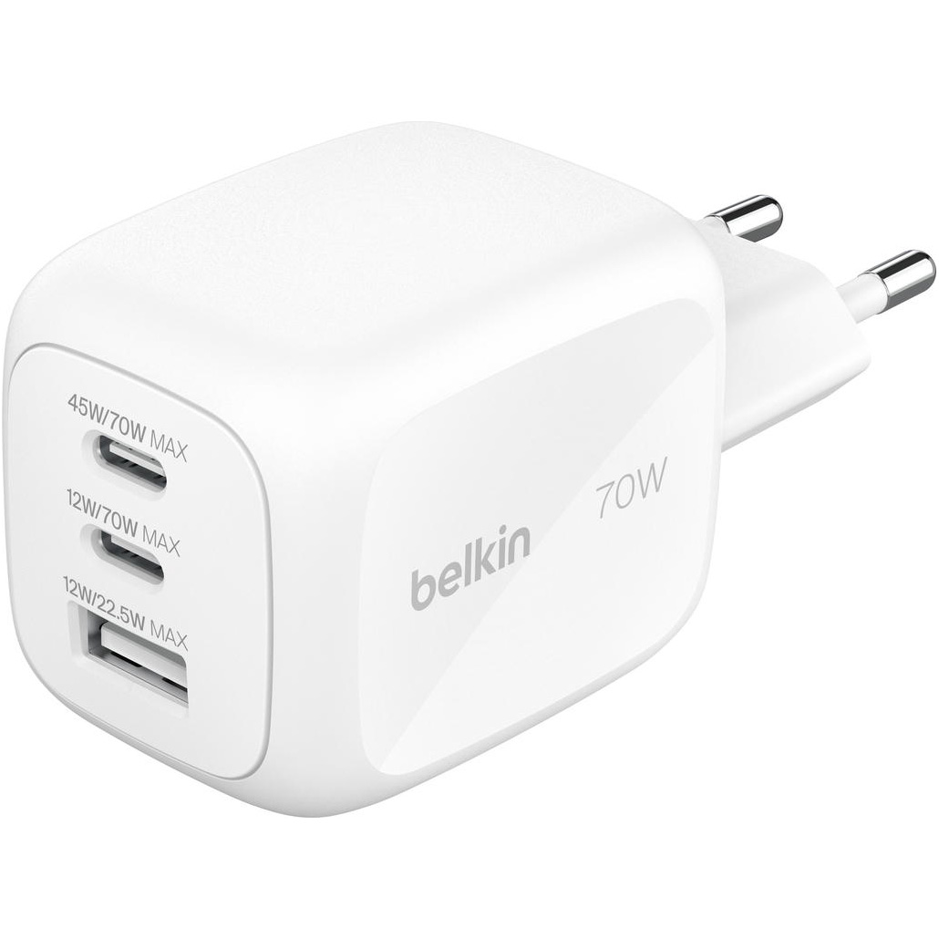 Зарядний пристрій BELKIN BoostCharge Pro 3-Ports GaN Wall Charger 70W White (WCH018HQWH)