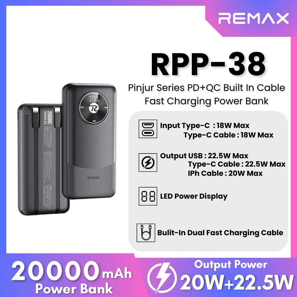 Повербанк REMAX Pinjur RPP-38 PD20W + QC22.5W 20000mAh Black