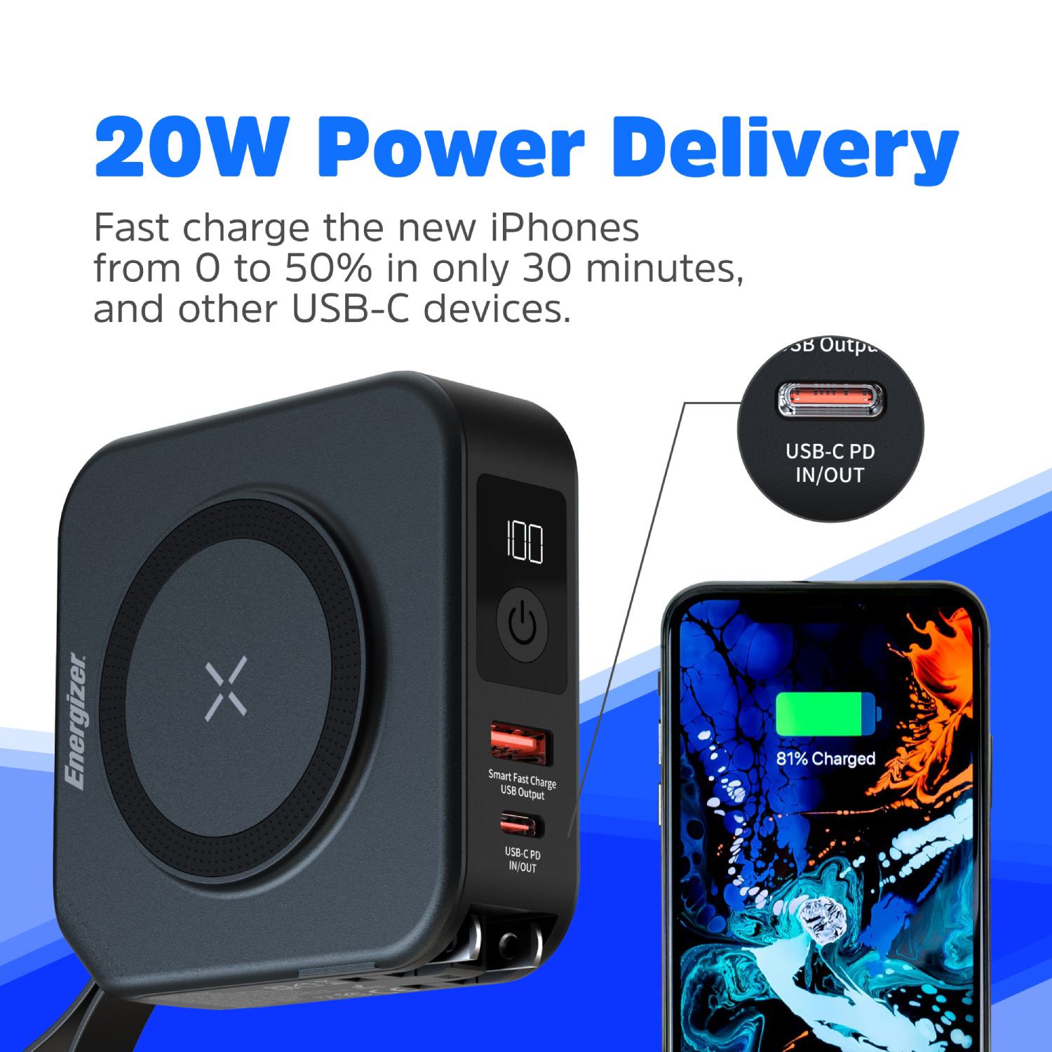 Повербанк з бездротовою зарядкою ENERGIZER QM10001AC Li-Pol PD 20W 10000mAh