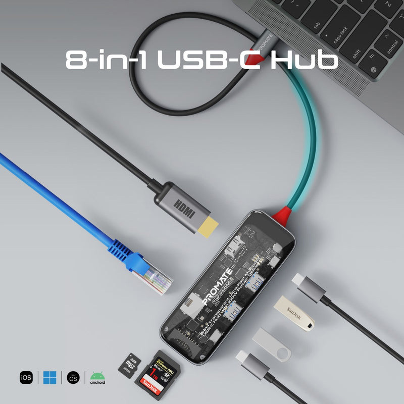 Порт-реплікатор PROMATE TransHub-Mini 8-in 1 Transparent Ultra-Fast Multiport USB-C Hub with PD100W