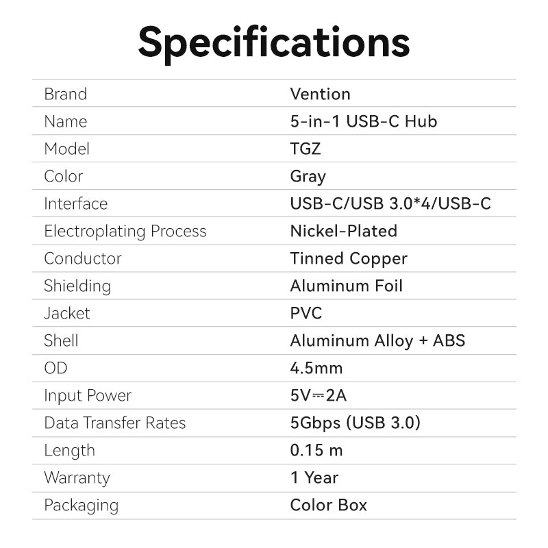 USB-хаб VENTION 5-in-1 USB-C to 4xUSB3.0, USB-C Power (TGZHB)