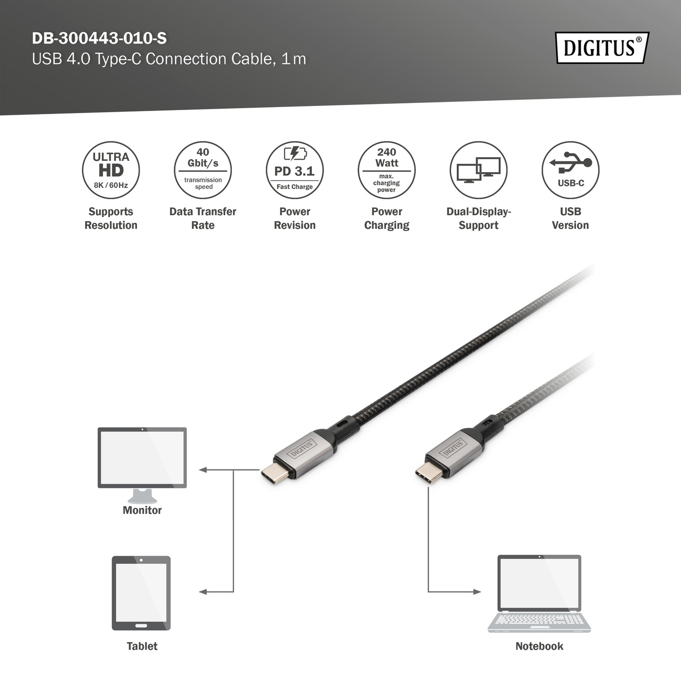 Кабель DIGITUS USB4 CM/CM 1м Black (DB-300443-010-S)