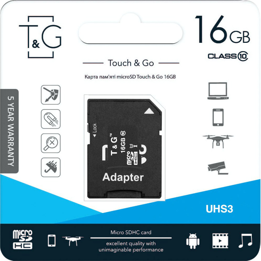 Карта пам'яті T&G microSDXC 16GB UHS-I U3 Class 10 + SD-adapter (TG-16GBSD10U3-01)