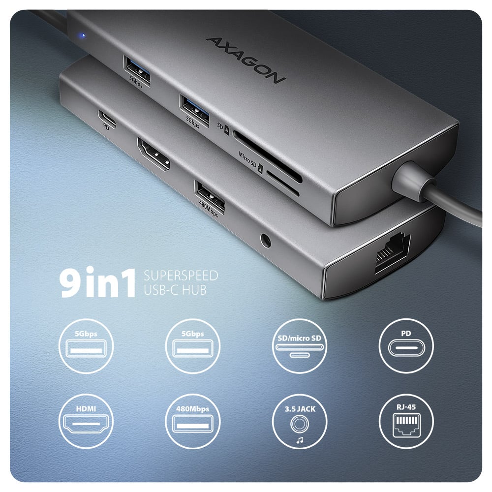 Порт-реплікатор AXAGON 9-in-1 SuperSpeed USB-C 5Gbps Hub