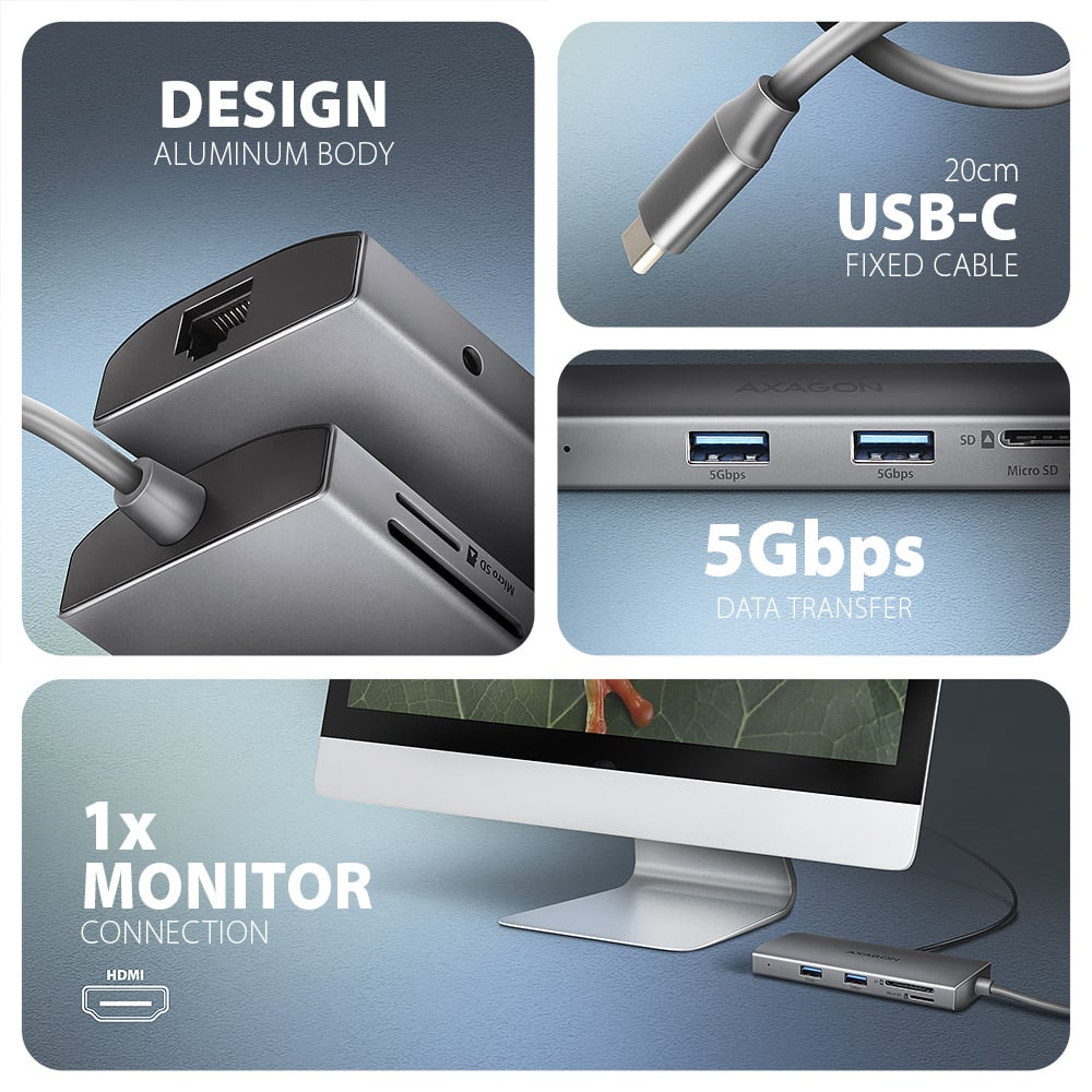 Порт-реплікатор AXAGON 9-in-1 SuperSpeed USB-C 5Gbps Hub