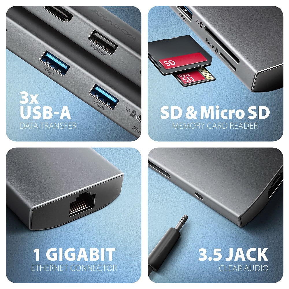 Порт-реплікатор AXAGON 9-in-1 SuperSpeed USB-C 5Gbps Hub