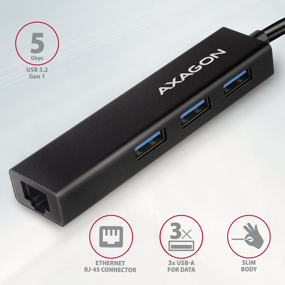 Мережевий адаптер з USB-хабом AXAGON 3-Port SuperSpeed USB-C Hub w/GLAN