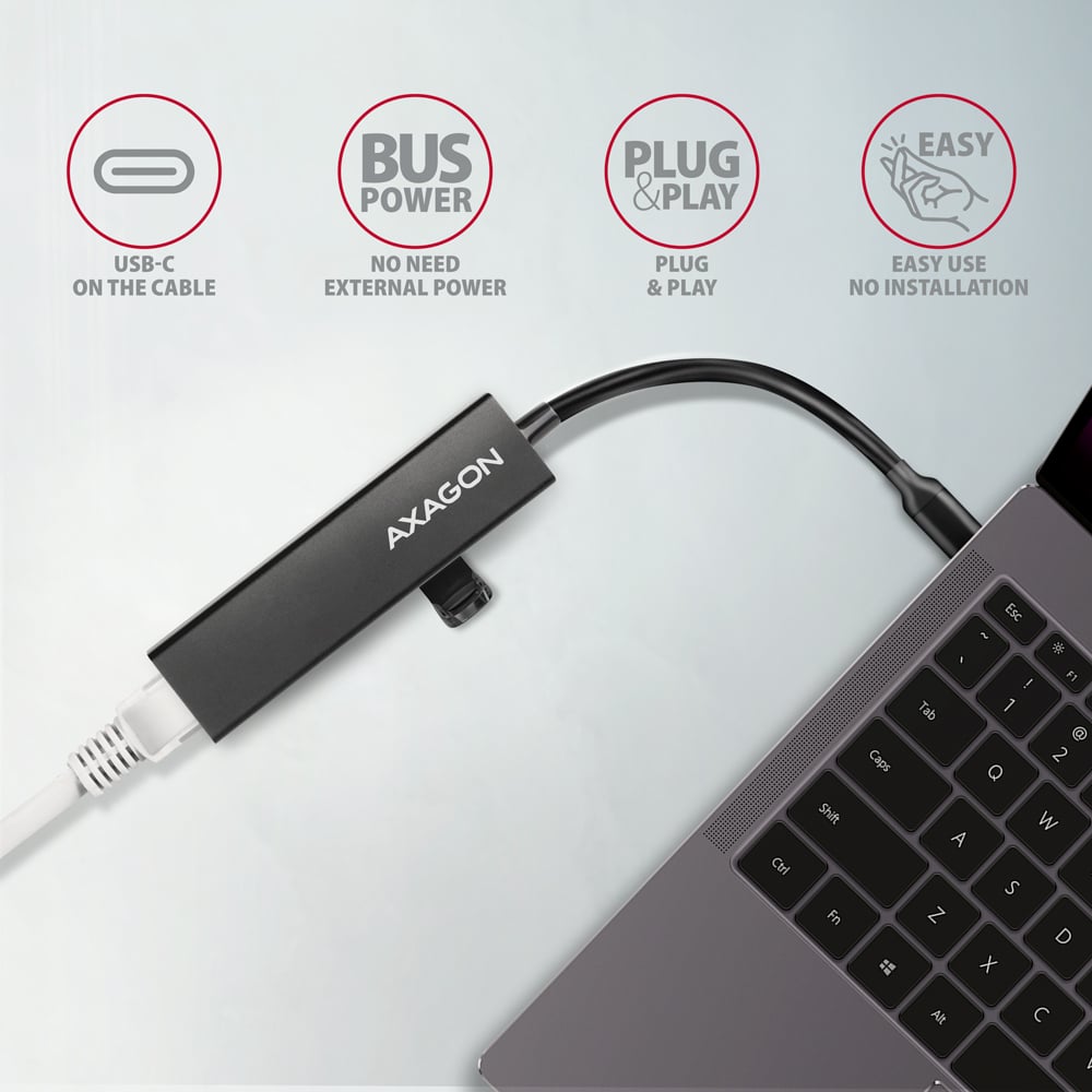 Мережевий адаптер з USB-хабом AXAGON 3-Port SuperSpeed USB-C Hub w/GLAN