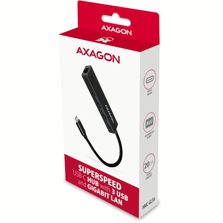 Мережевий адаптер з USB-хабом AXAGON 3-Port SuperSpeed USB-C Hub w/GLAN