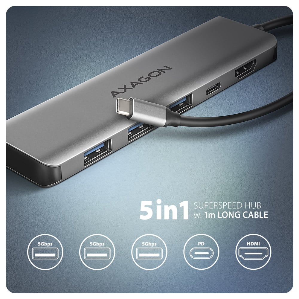 Порт-реплікатор AXAGON USB-C to 3xUSB-A3.2 + HDMI 4K@30Hz + PD100W Gray