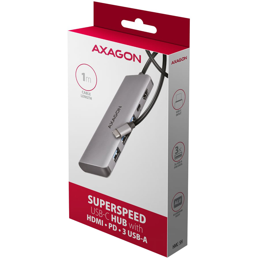 Порт-реплікатор AXAGON USB-C to 3xUSB-A3.2 + HDMI 4K@30Hz + PD100W Gray