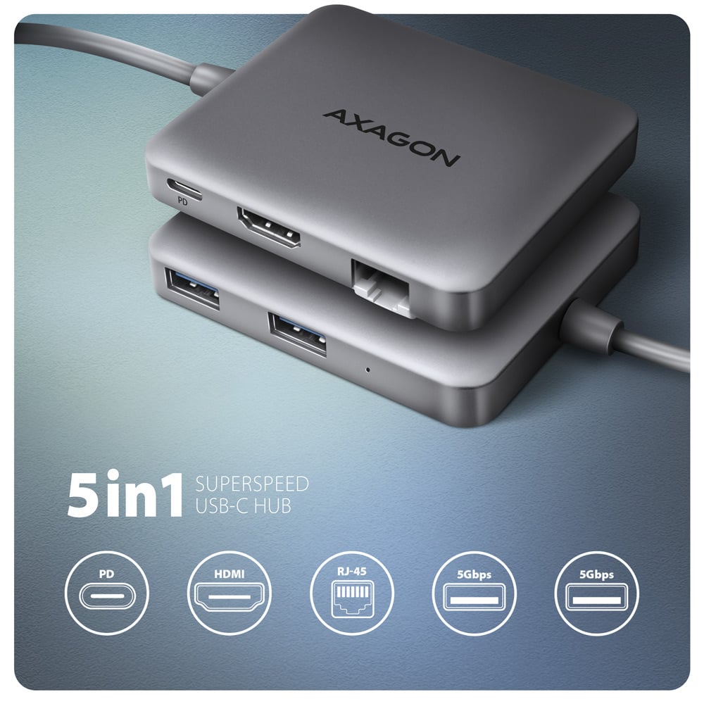 Порт-реплікатор AXAGON USB-C to 2xUSB-A3.2 + HDMI 4K@60Hz + RJ45 + PD100W Gray
