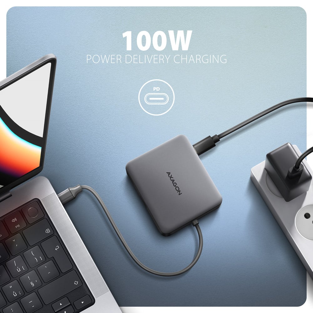 Порт-реплікатор AXAGON USB-C to 2xUSB-A3.2 + HDMI 4K@60Hz + RJ45 + PD100W Gray