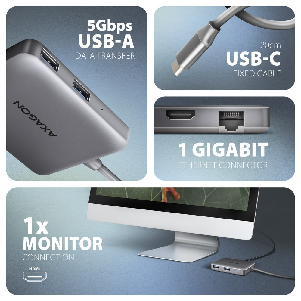 Порт-реплікатор AXAGON USB-C to 2xUSB-A3.2 + HDMI 4K@60Hz + RJ45 + PD100W Gray